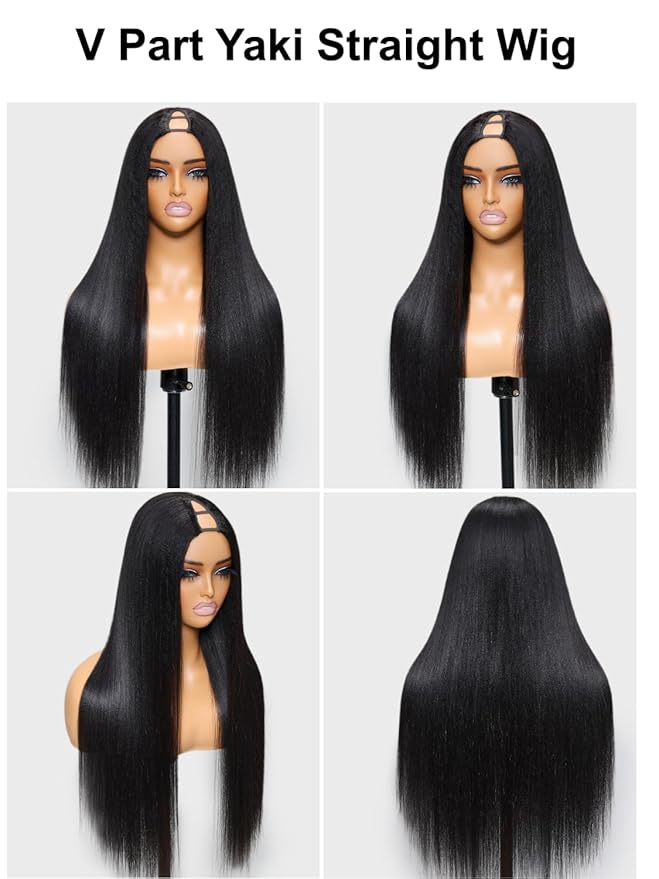 YIROO V Part Wig Yaki Straight Human Hair Wigs for Black Women Upgrade Upart Wig No Leave Out 12A Glueless Kinky Straight V Shape Clip in Half Wig No Glue No Sew Beginner Friendly 180% Density 22 Inch