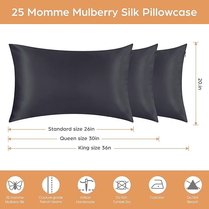Silk Pillowcase for Hair and Skin, 2 Pack 100% Mulberry Silk Pillowcase 25 Momme, 600 Thread Count, Both Side Pure Silk Pillow Cover with Hidden Zipper (BlackGray, Queen 20''×30'')