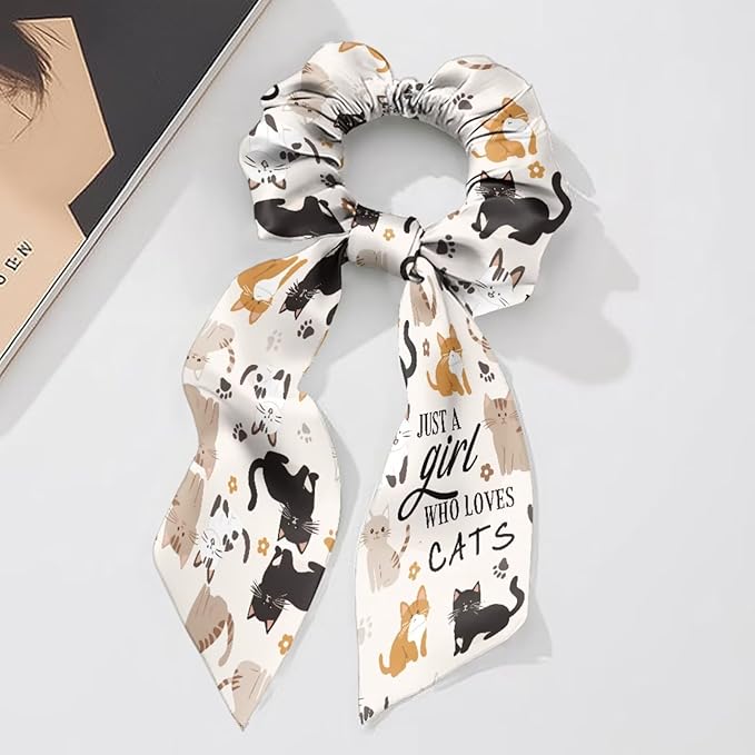 Cat Scarf Scrunchies for Women Paw Print 2 Piece Knotted Bow Hair Scrunchies Lightweight Bow Hair Tie with Knot Non Damage