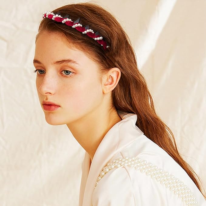 Vintage High Cranium Artificial Pearl Hairband, New Elegant Braided Pearls Headbands with Teeth for Women, Anti-slip Decorative Hair Bands Fashion Hair Accessories Gifts (Brown+Burgundy, One Size)