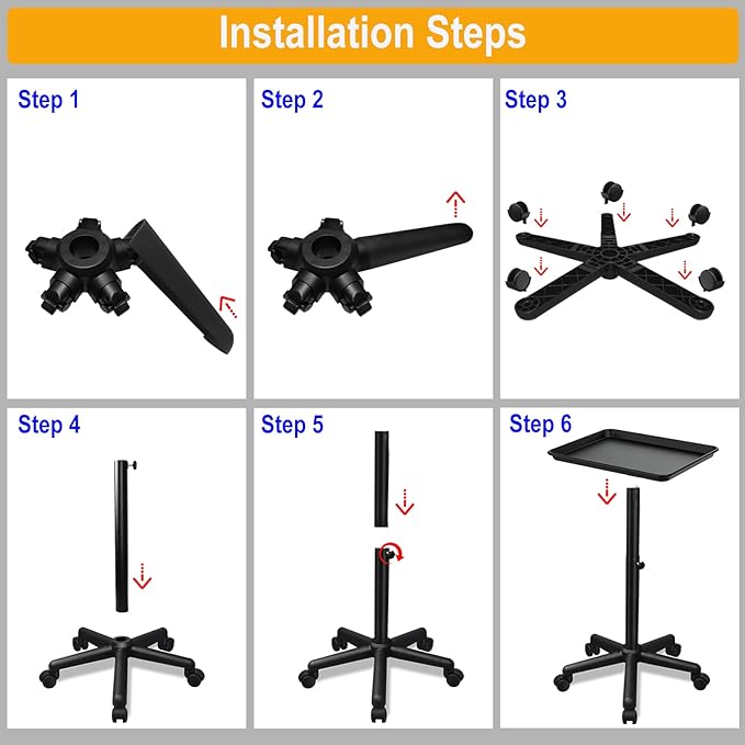 Salon Tray on Wheels- Adjustable Salon Service Rolling Tray Suitable for Mayo Stand,Tattoo Tray and Dentist Tray(Black)
