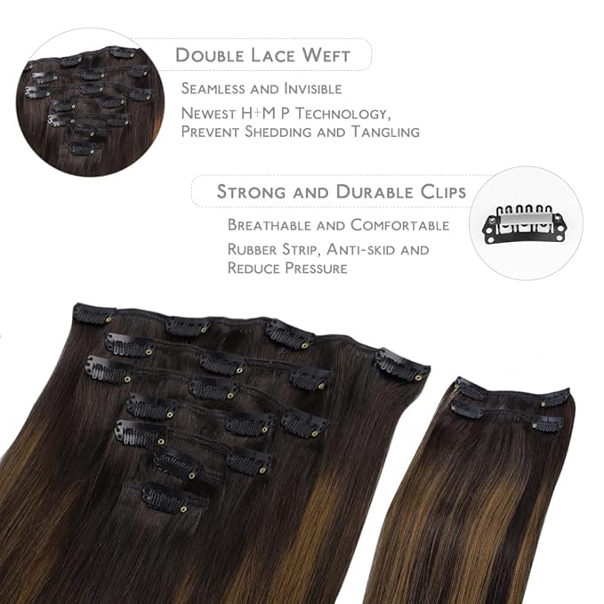 WENNALIFE Clip in Hair Extensions, 150g 14 Inch 9pcs Balayage Dark Brown to Chestnut Brown Human Hair Extensions Thicker Clip in Hair Extensions Real Human Hair Clip Set Double Weft
