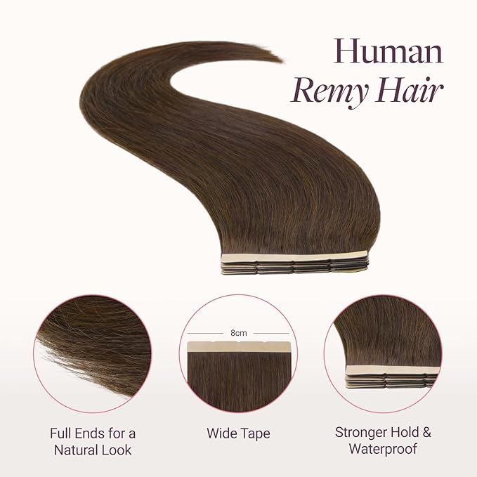 GOO GOO Tape in Hair Extensions Human Hair, 4A Chocolate Brown, 4cm Wide Tape, 18inch 20pcs 80g, Real Human Hair, Seamless Tape in, Instant Length&Volume