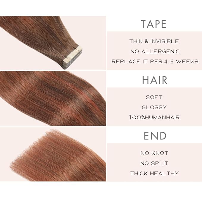 Chocolate Brown to Auburn Brown Tape in Hair Extensions Human Hair, 20pcs 16 Inch Remy Hair Extensions Straight Human Hair Tape in Extensions Skin Weft Tape Extensions Human Hair (#4/33/4,16 Inch)