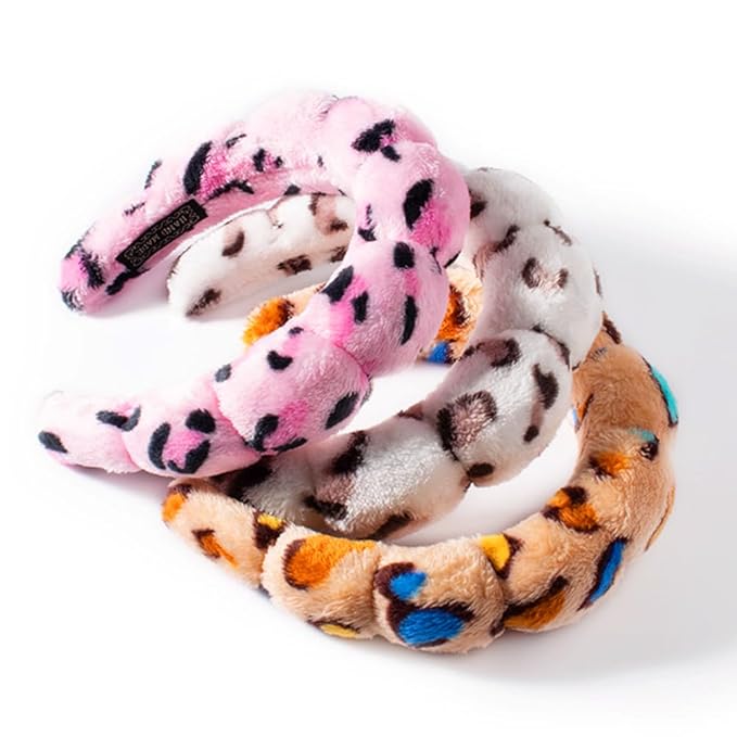 Spa Headbands for Washing Face or Makeup, Sponge Bubble Skincare Headbands, Puffy Terry Cloth Hairband for Women, Skin Care Makeup Headwear Hair Accessories for Girls (Leopard Khaki)