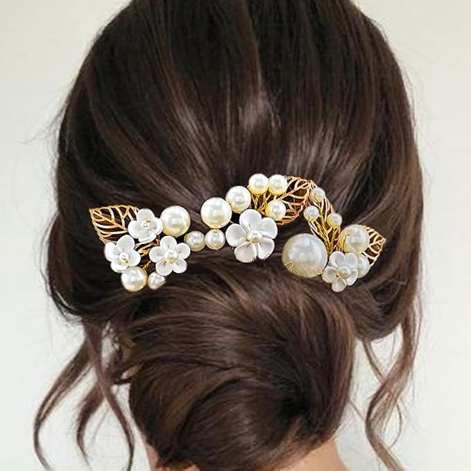 Evild Gold Bridal Hair Pins Pearl Wedding Hair Pieces Leaf Hair Accessories for Women (Pack of 3)