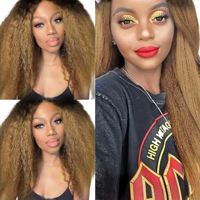 1B27 Human Hair Bundles Ombre Kinky Straight Bundles 18 20 22 Inch Niegmeag Virgin Remy Hair Extensions Double Weft 2 Tone Black and Honey Blonde Bundle 150g