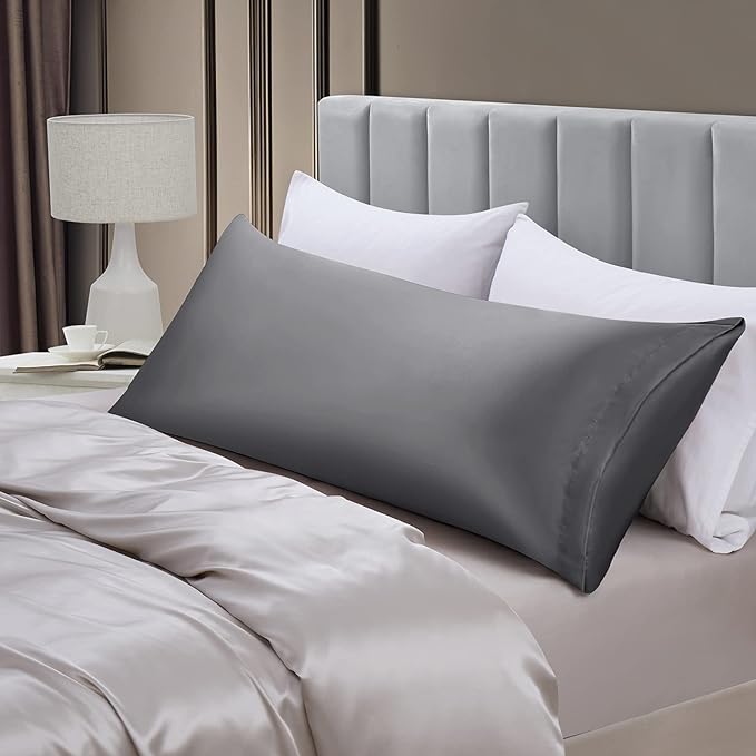 Aormenzy Satin Body Pillow Cover Set of 2, 20x54 Inches Dark Grey Case for Adults, Silky Soft & Cooling Pillowcase With Envelope Closure