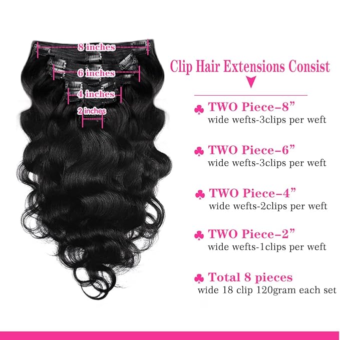 Body Wave Brazilian Clip in Hair Extensions Human Hair 8Pcs Remy Hair Extensions Clip ins for Black Women with 18Clips 120g (20inch, Natural Black)