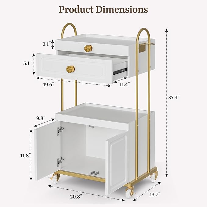 Salon Trolley Cart with Lockable Wheels, Salon Station Cabinet with Drawer & Cabinet for Hair Stylist Makeup Tool Organizer for Beauty Spa Barbershop (White&Gold)