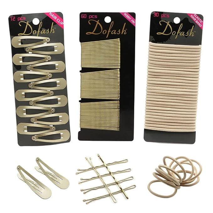 Dofash 3Cards Women's Hair Styling Set - Bobby Pins Hair Pins 60pcs+Hyper Elastics Hiar Ties 30pcs+Snap Hair Clips for Thick Hair 12pcs (Blonde)