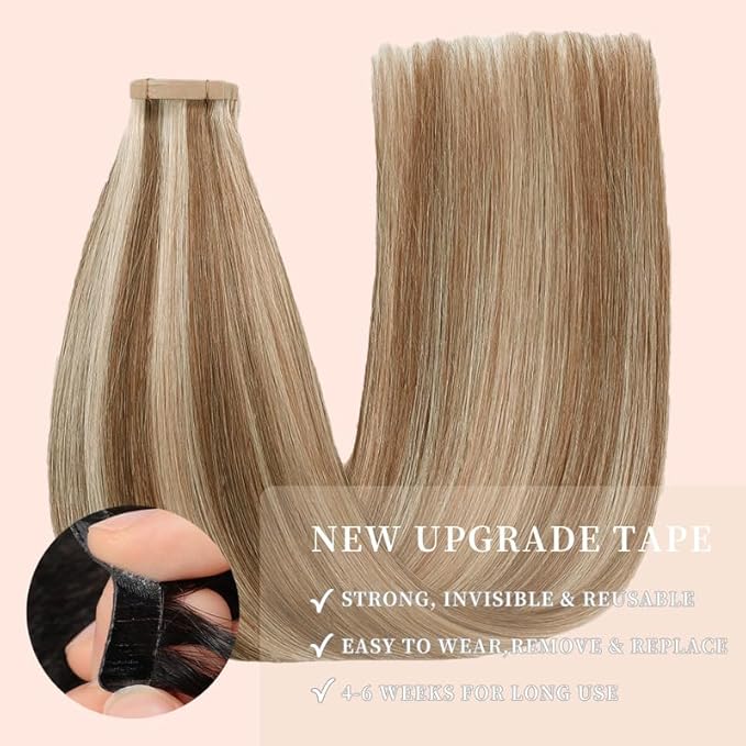 Tape in Hair Extensions Human Hair, 14 Inch 20pcs Human Hair Extensions Tape in for Women Chestnut Brown Highlighted Bleach Blonde Skin Seamless Invisible Tape Hair Extensions(P6/613#, 14 Inch)