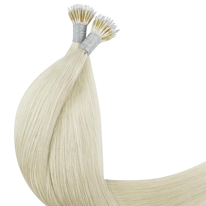 YoungSee 22inch Nano Beads Hair Extensions Platinum Blonde Nano Hair Extensions Human Hair White Blonde Long Nano-Link Hair Extension 50s 50g Nanoring Hair Extension for Wedding Instant Length