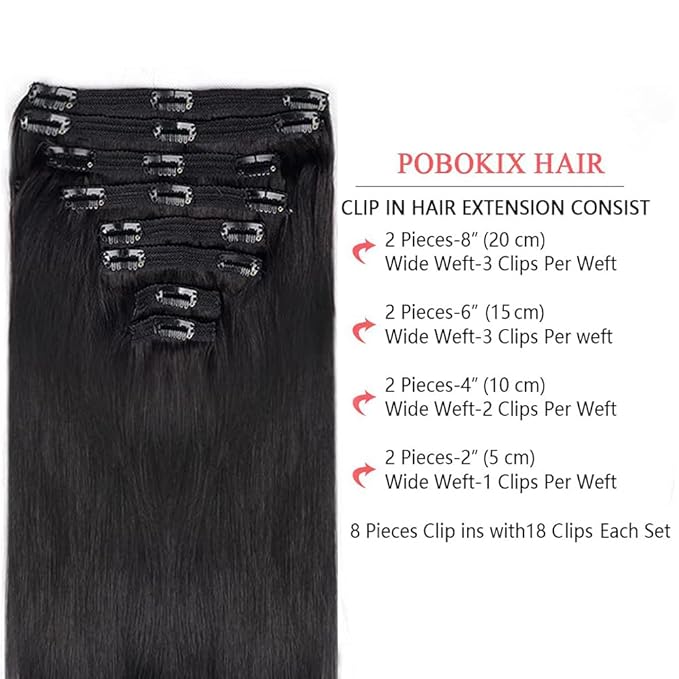 Straight Clip in Hair Extensions Real Human Hair 8Pcs Remy Human hair Clip ins for Women, Natural Soft Silk Straight Human Hair 120g 16inch #1B Natural Black
