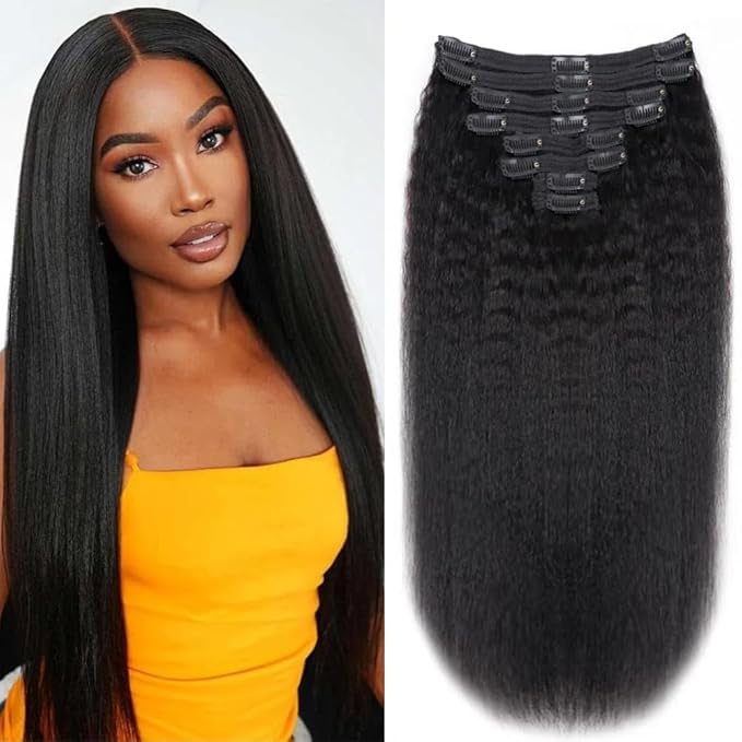 Kinky Straight Human Hair Clip in Extensions 120g Full Head Clip ins for Women 100% Unprocessed Brazilian Virgin Human Hair Yaki Straight Clip ins Remy Hair Natural Black 8Pcs 18Clips 30inch