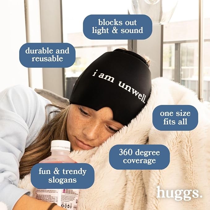 Huggs Migraine Relief Cap - Never Drinking Again - Cooling Gel Head Wrap, Cold Compress Cap for Headache, Stress, & Tension