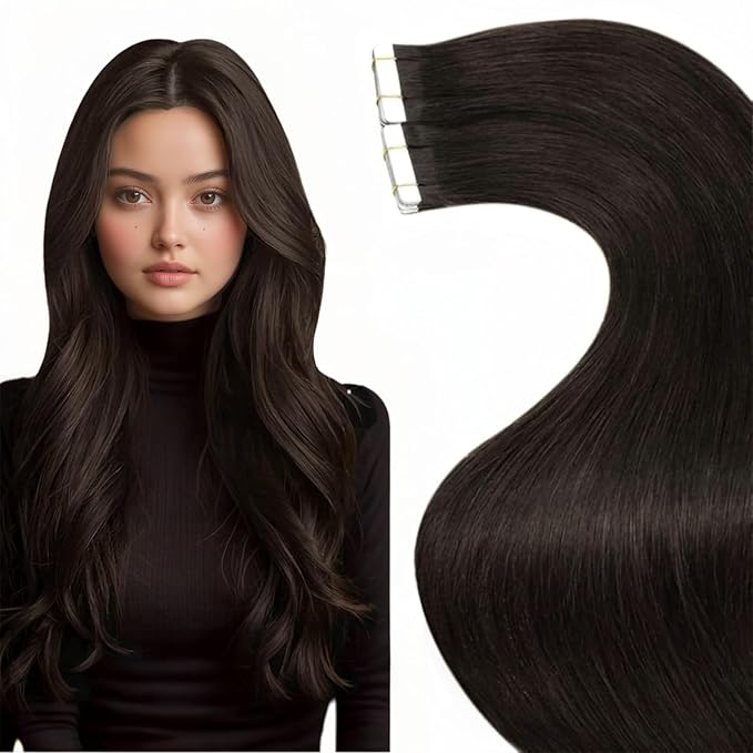 LaaVoo Brown Tape in Hair Extensions Human Hair 16 Inch Real Hair Extensions Tape in #2 Brown 20pcs 40g