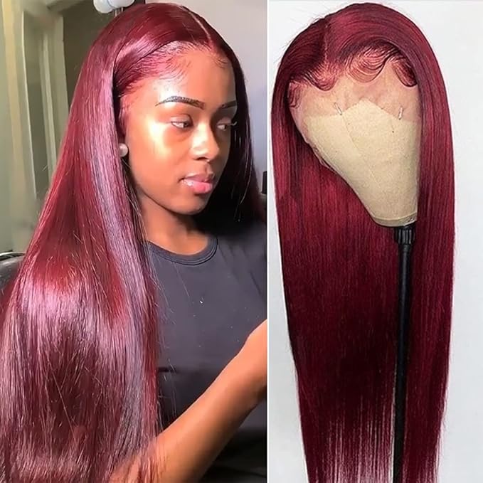 Burgundy 99J Lace Front Wigs Human Hair Pre Plucked Wine Red 13x4 Straight Lace Frontal Wig with Baby Hair for Black Women 150% Density Wig Colored Brazilian Virgin Hair Wig 20 Inch