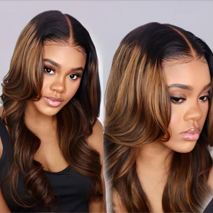 KLAIYI Ombre Brown Body Wave Lace Front Wigs Human Hair Highlight Balayage 13x4x1 T Part Ear to Ear Lace Wig Pre Plucked with Baby Hair Easy to Wear and Go Wigs for Black Women Natural Hairline 20Inch