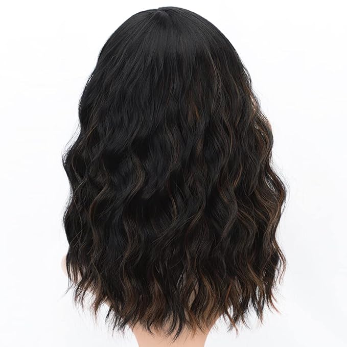 AISI HAIR Wavy Bob Wigs with Bangs for Women Black Mixed Brown Color Short Wavy Bob Curly Wig Synthetic Natural Looking Heat Resistant Fiber Hair for Women