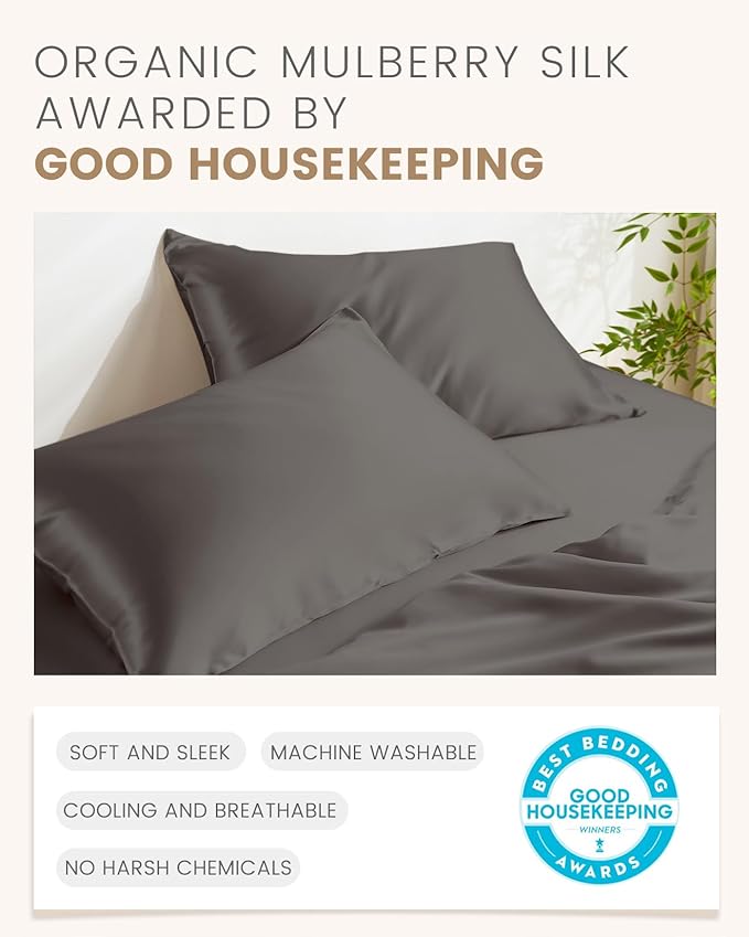 THXSILK Set of 2 100% Mulberry Silk Pillowcases for Hair and Skin, Both Sides 19 Momme Pure Natural Silk Pillowcase, Soft Breathable Zipper Pillow Cases Queen Size 20"x30", Dark Grey