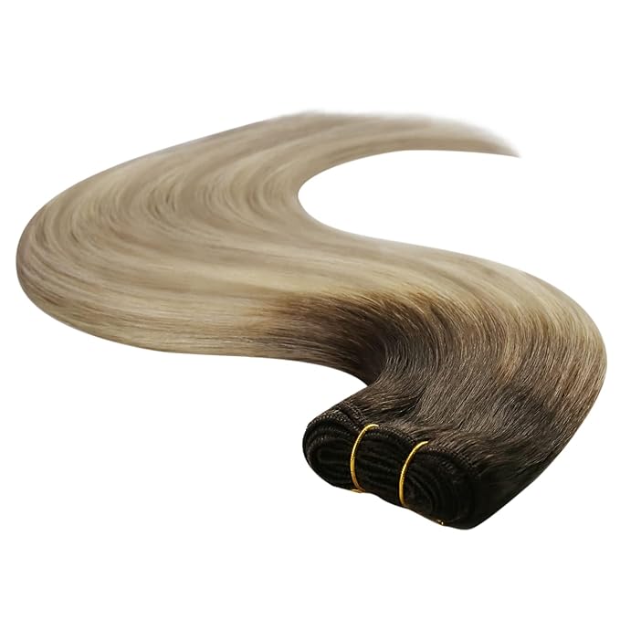 YoungSee Weft Hair Extensions Ombre Sew in Hair Extensions Real Human Hair Brown Ombre Golden Blonde with Platinum Blonde Balayage Weft Hair Extension Human Hair for Women 16Inch 100G