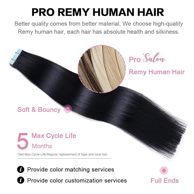SUYYA Tape in Hair Extensions Human Hair Jet Black 28 Inch 60g/pack 20pcs Straight Seamless Skin Weft Tape in Real Human Hair Extensions(28inch #1 Jet Black)