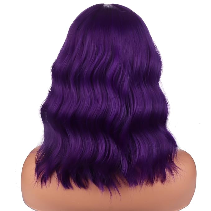 BERON 14 Inches Purple Wig for Women Short Curly Wig Dark Purple Wigs Synthetic Wigs with Bangs Hairnet Include