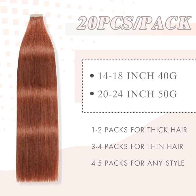Tape in Hair Extensions Real Human Hair 24 Inch Auburn Brown Double Sided Tape for Skin Weft Hair Extension Invisible Tape in Hair Extensions Straight Remy Human Hair for Women 20pcs (#A33,24 Inch)