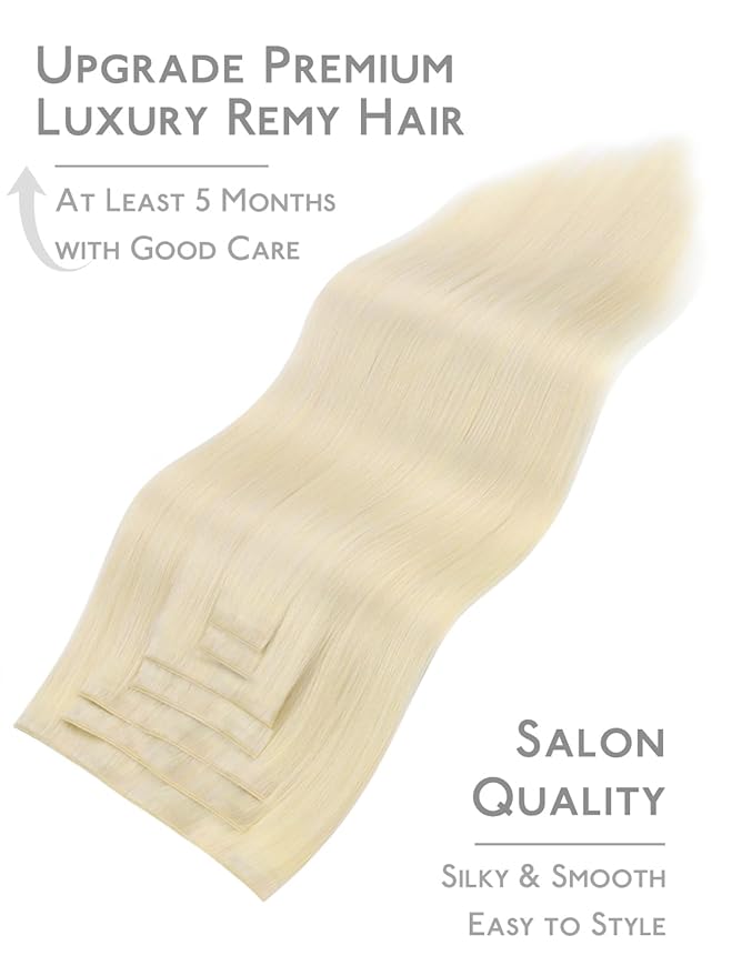 WENNALIFE Genius Seamless Clip in Hair Extensions Real Human 16 inch 120g 7Pcs Platinum Blonde Hair Extensions Clip Ins Luxury Remy De Cabello Humano Straight Invisible Fuller Reusable