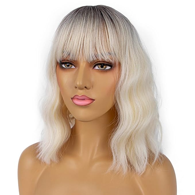 Short Bob Wigs with Bangs for Women Loose Wavy Wig Curly Wavy Shoulder Length Bob Synthetic Cosplay Wig for Girl Colorful Costume Wigs (Light Blonde Ombre)