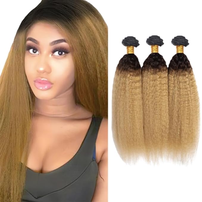 28 30 32 Inch Ombre Blonde Bundles Human Hair 1B27 Kinky Straight Bundles Niegmeag Virgin Remy Hair Extensions 2 Tone Black and Honey Blonde Yaki Bundle 150g
