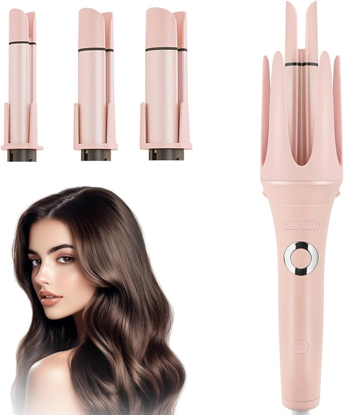 JAMIEWIN 3 in 1 Automatic Curling Iron, Hair Curlers with 3 Curling Barrels (1.1" - 1.26" - 1.57"), Rotating Curling Iron with 3 Temp, 2-Way Rotation, 10S Fast Heating, Anti-Scald, Dual Voltage, Pink