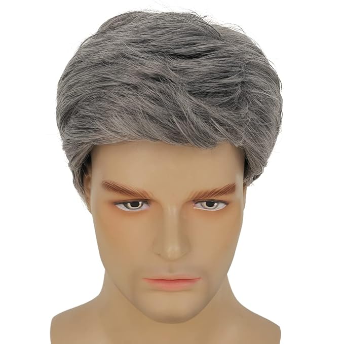 Kaneles Mens Grey Short Wig Synthetic Replacement Costume Halloween Soft Layered Natural Hair Male Wigs (Gray)