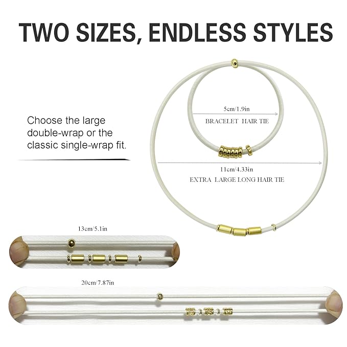 Black Extra Large Long Bracelet Hair Ties for Thick Curly Hair, 3 Pack 3mm Elastic Ponytail Holders Accessories for Women No Damage Stretchy Pony Tails Bands with Gold Metal Charms Beads