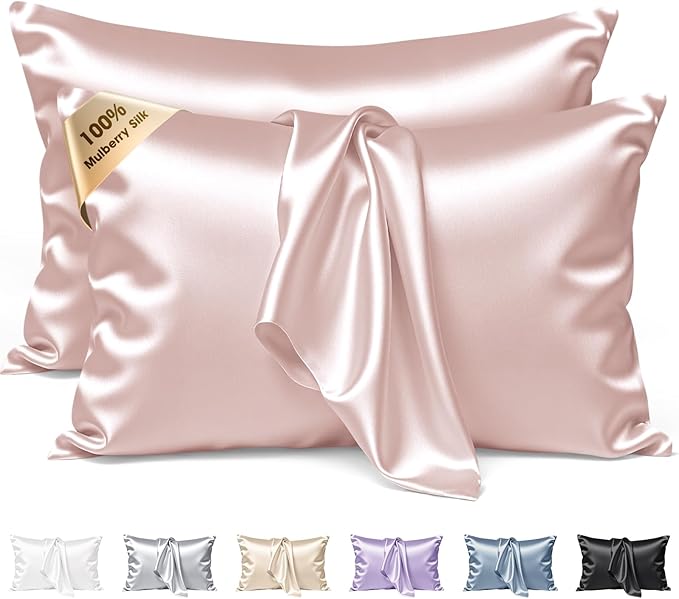 Silk Pillow Cases 2 Pack Standard Size Mulberry Silk Pillowcase Set of 2 for Hair & Skin 26 x 20 Inches 22 Momme Both Sided Grade 6A Silk Soft Breathable Cooling with Hidden Zipper, Pink