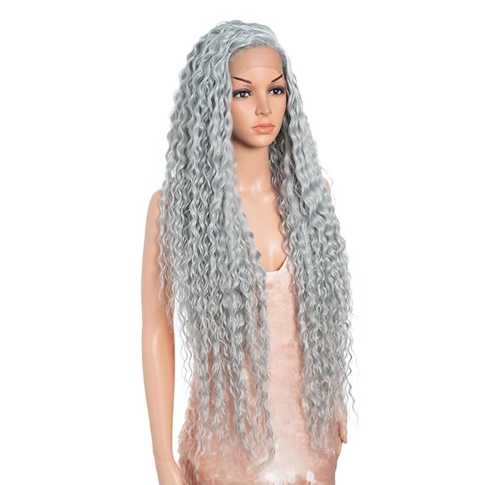 Style Icon 36”Super Long Curly Wig C-Shaped Side Part Lace Wig Afro Baby Hair Synthetic Blue Wig （36 Inches, GBLUE12 ）