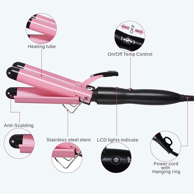 TOP4EVER 3 Barrel Curling Iron, 1 inch Crimper Hair Tool,Crimping Waver for Women Beach Waves with Two Temperature Settings, Pink