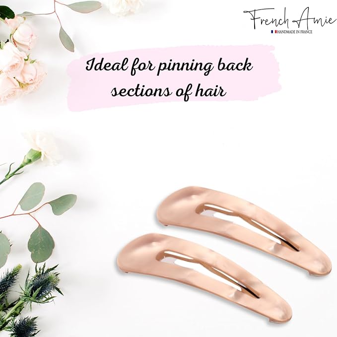 French Amie Clic Clac Large Handmade Celluloid Acetate Set of 2 Snap Hair Clips No Slip Side Slide-in Barrette for Women and Girls (Glossy Golden)
