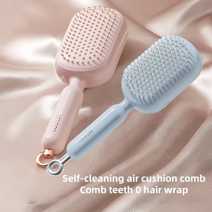 Self-Cleaning Air Cushion Comb – with Portable Travel Design, Features retractable, easy to clean, Ergonomic Pull Ring air cushion massage comb, for Detangling Thick/Curly Hair, Gift for Women (Blue)