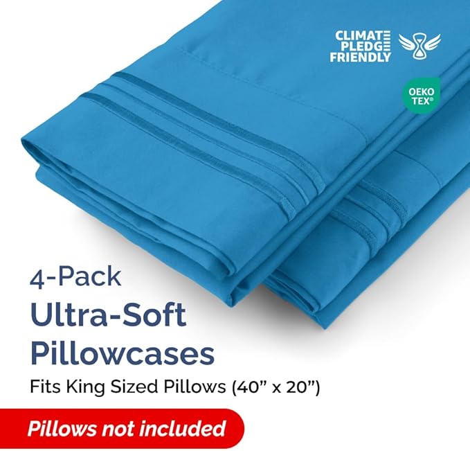 King Pillow Cases Set of 4 - Ultra Soft Hotel Quality Pillowcase Covers - Comfy, Cozy & Wrinkle Free - Shrinkage, Stain & Fade Resistant - Machine Washable Pillow Protectors - 4 Piece Set - Denim Blue