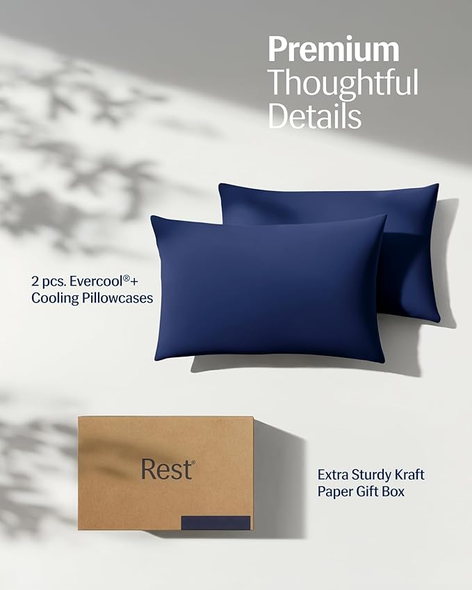 REST® Evercool®+ Cooling Pillowcases King - 2 Pillowcases for Sensitive Skin, Silver Infused Fabric for Hygienic Sleep, Silky Smooth for Curly Hair, High Elastic for Snug Fit (19x35 inches)