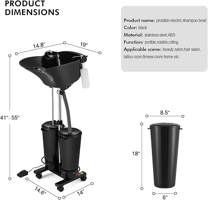 Artist hand Portable Adjustable Shampoo Bowl with Electric Pump, Hair Washing Station,Includes 2 Buckets, Drain Hoses,High-Pressure Sprayer, Foot Pedal Switch,Black