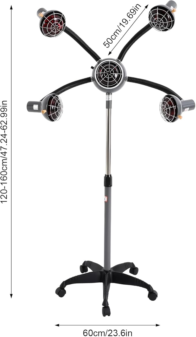 5-Head Salon Hair Steamer - 750W Infrared Heat Lamp, Standing Infrared Heater, Adjustable 47-63" Height for Perm & Hair Care (Black)