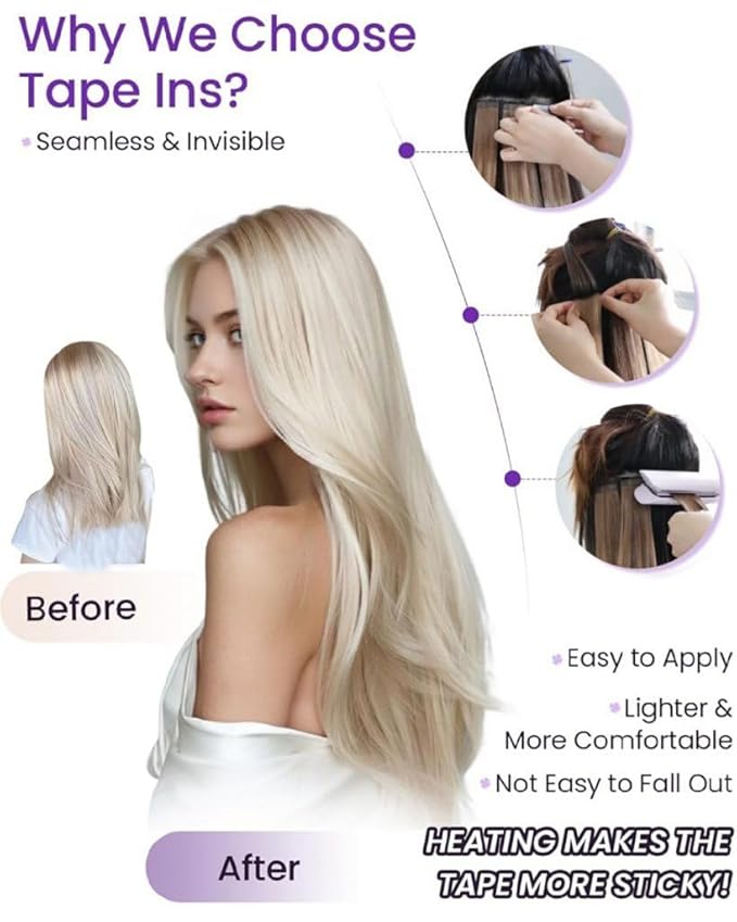 LaaVoo Hair Extensions Tape in Platinum Blonde Tapes in Extensions 22 Inch Invisible Tape ins Human Hair Extensions Real Seamless Hair 20pcs 50g