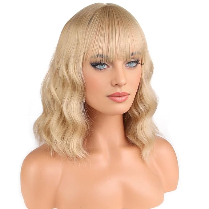 BERON 14 Inches Blonde Wig Short Curly Wigs for Women Ash Blonde Synthetic Wigs with Bangs Wig Cap Include