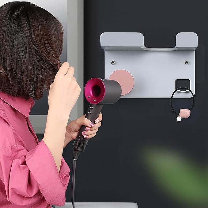 Hair Dryer Stand Holder Wall Mounted, New Upgrade Punching or Nails Free Glue Two Ways to Use,Blow Dryer Holder Rack Organizer for Dyson Supersonic Hair Dryer(White+Pink)