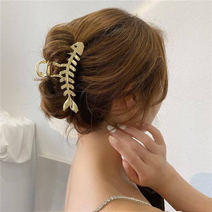 Hair Jaw Claw Clips Fish Bone Shape Large Metal Gold Fashion Nonslip Hairpin Catch Clip Accessories for Thick/Thin Hair HairStyling (Gold)