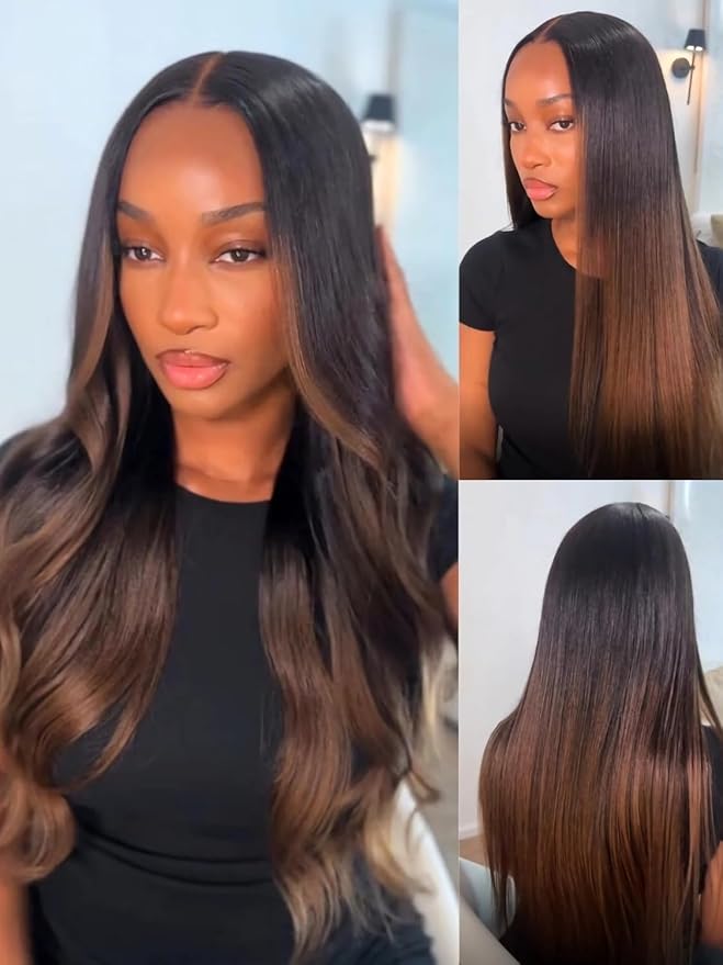 Julia Hair Chestnut Brown Ombre Yaki Straight 7x5 Pre Cut HD Lace Put On and Go Wig Bye Bye Knots Glueless Human Hair Wigs with Invisi Drawstring Pre Plucked Bleached Knots Beginner Friendly 22 Inch
