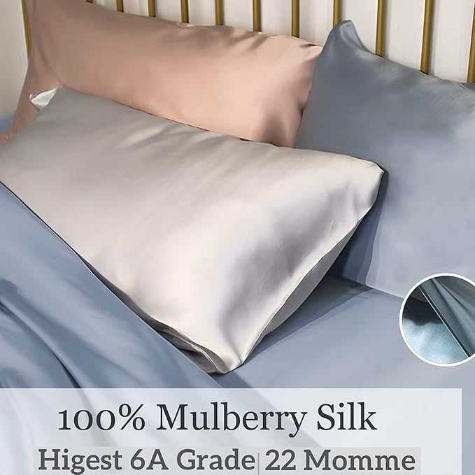Premium Natural Mulberry Silk Pillowcase for Hair and Skin Made in USA, 22 Momme 6A Silk Pillow Cases Standard Size with Zipper, Ideal for Women's Beauty Sleep, 1 Pc 20"x26" (Standard, Blue Grey)